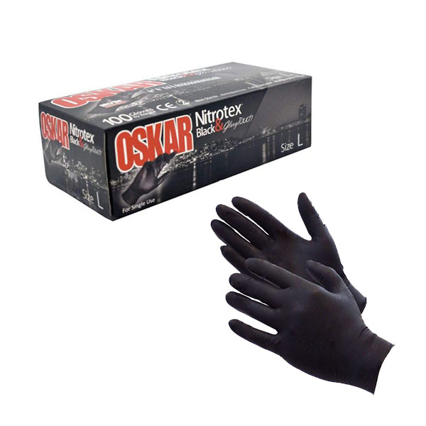 oskar nitril glove - دستکش معاینه بدون پودر نیتریل حرفه‌ای مشکی اسکار Oskar بسته 100 عددی